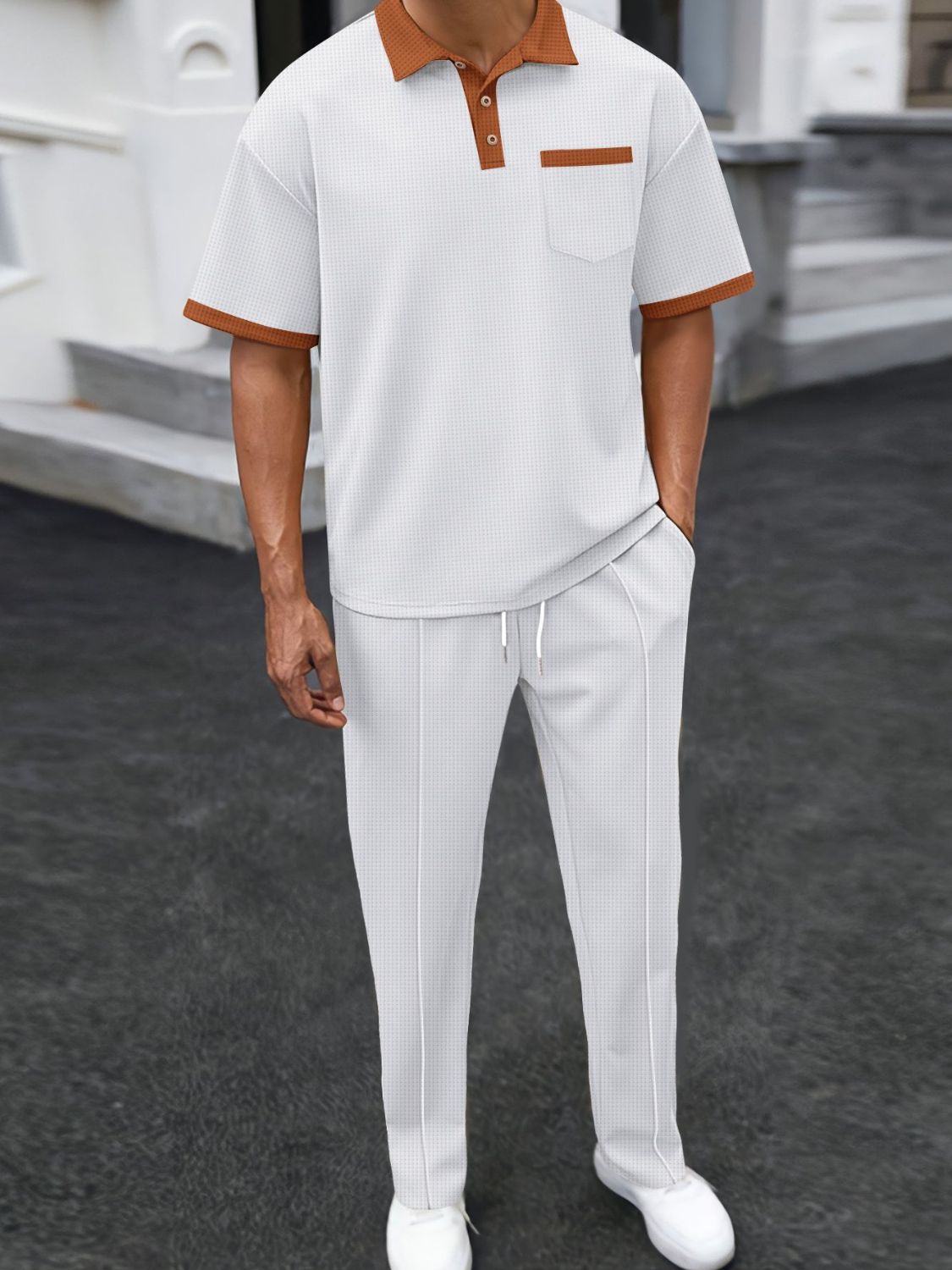 Men's Full Size Waffle-Knit Contrast Polo Pants Set Plus Size