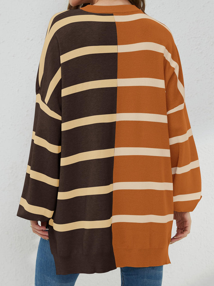 Chic Striped Knit Sweater with Round Neck and Long Sleeves