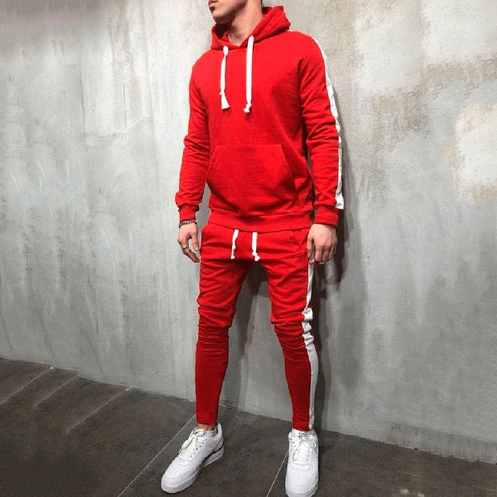 Men's Stylish 2-Piece Casual Tracksuit - Hooded Sweatshirt & Drawstring Pants with Eye-Catching Stripe Design