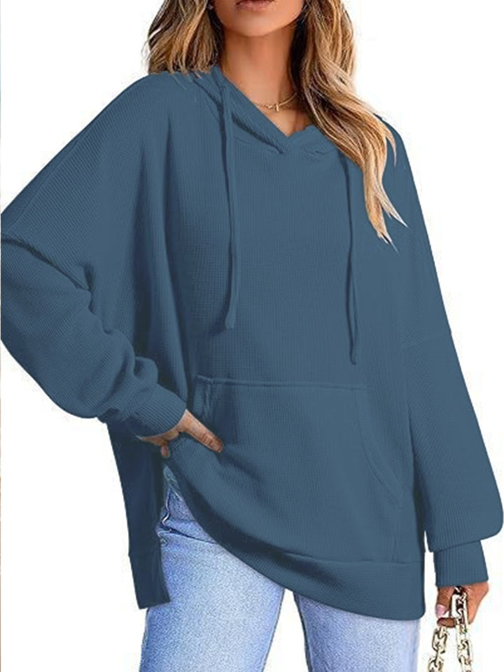 Sheer Slit Hooded Long Sleeve Top with Drawstring