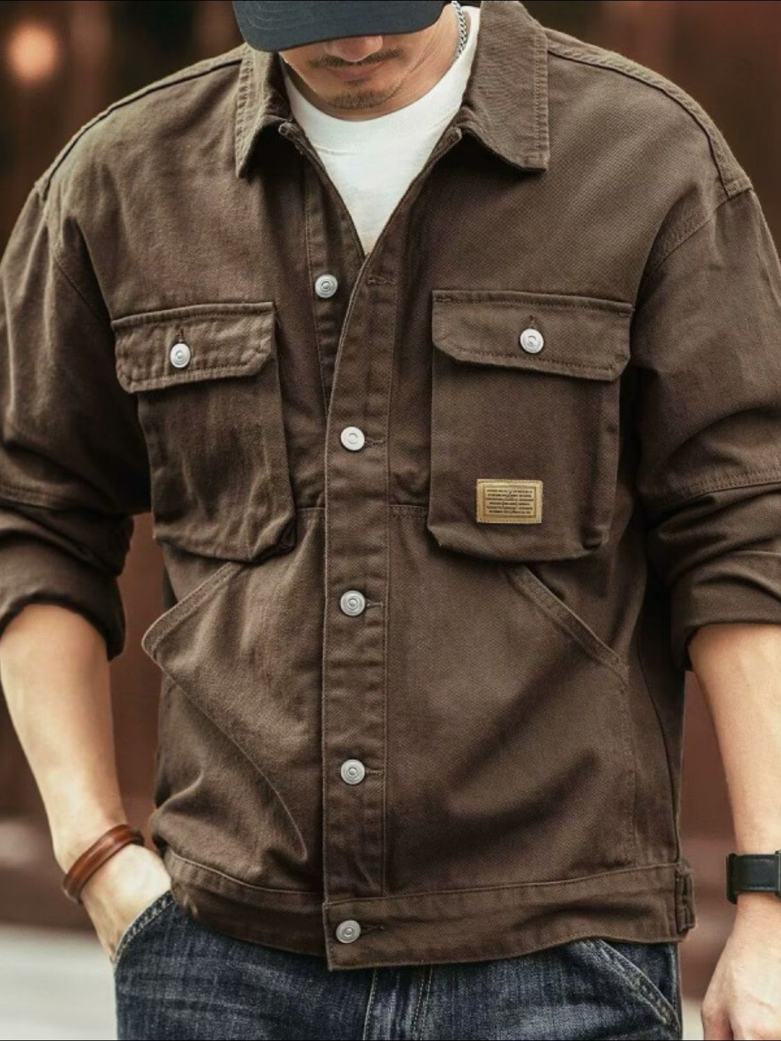 Men's Washed Collared Neck Cargo Jacket for Casual Style