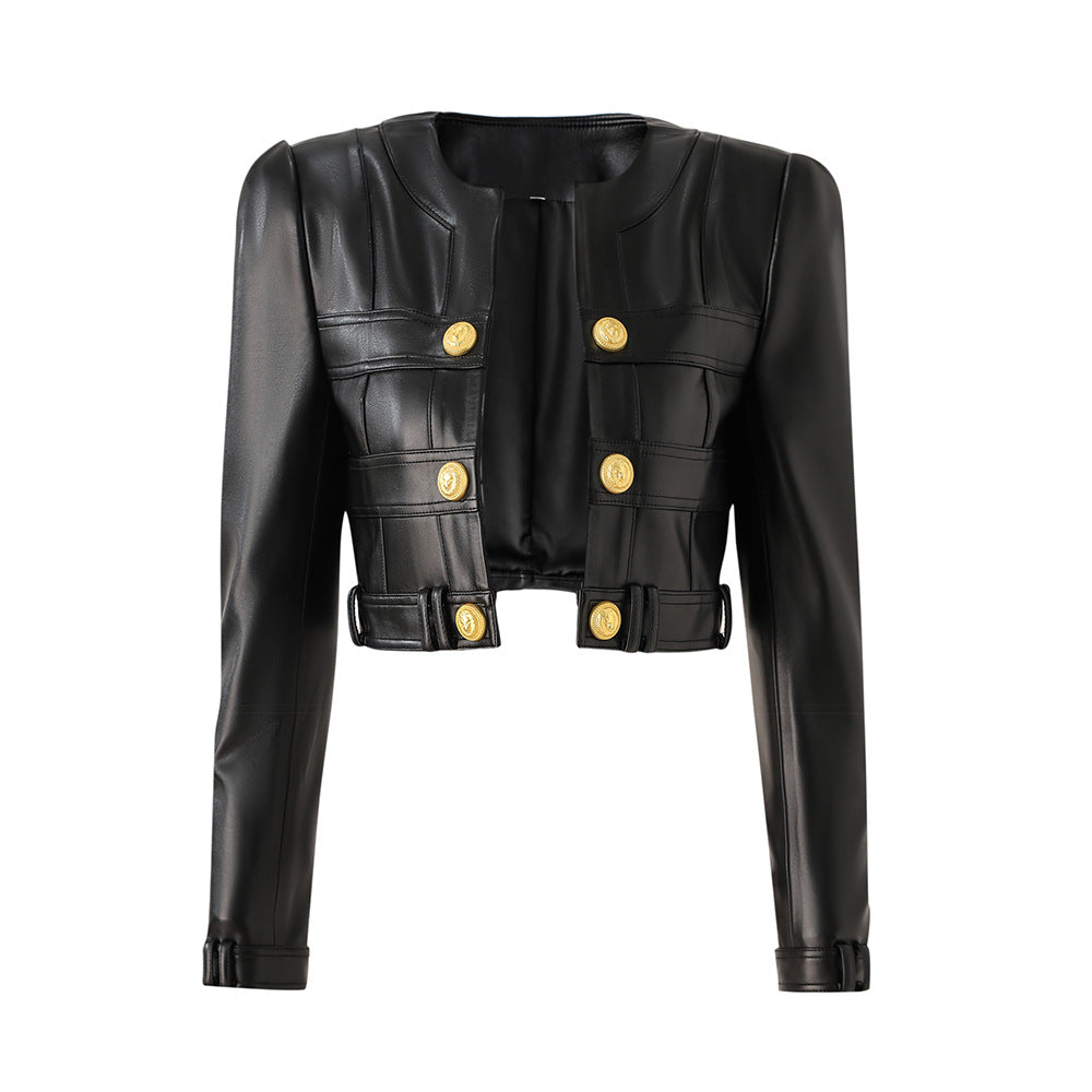 Chic PU Leather Spliced Round Neck Cardigan with Shoulder Pads
