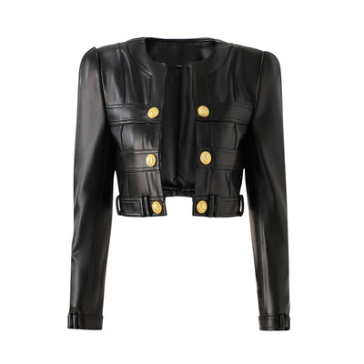 Chic PU Leather Spliced Round Neck Cardigan with Shoulder Pads