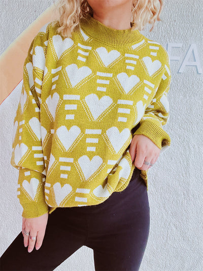 Charming Heart Contrast Oversized Sweater for Cozy Style