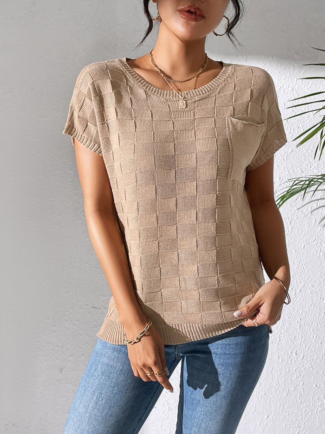 Round Neck Short Sleeve Knit Top for Effortless Style