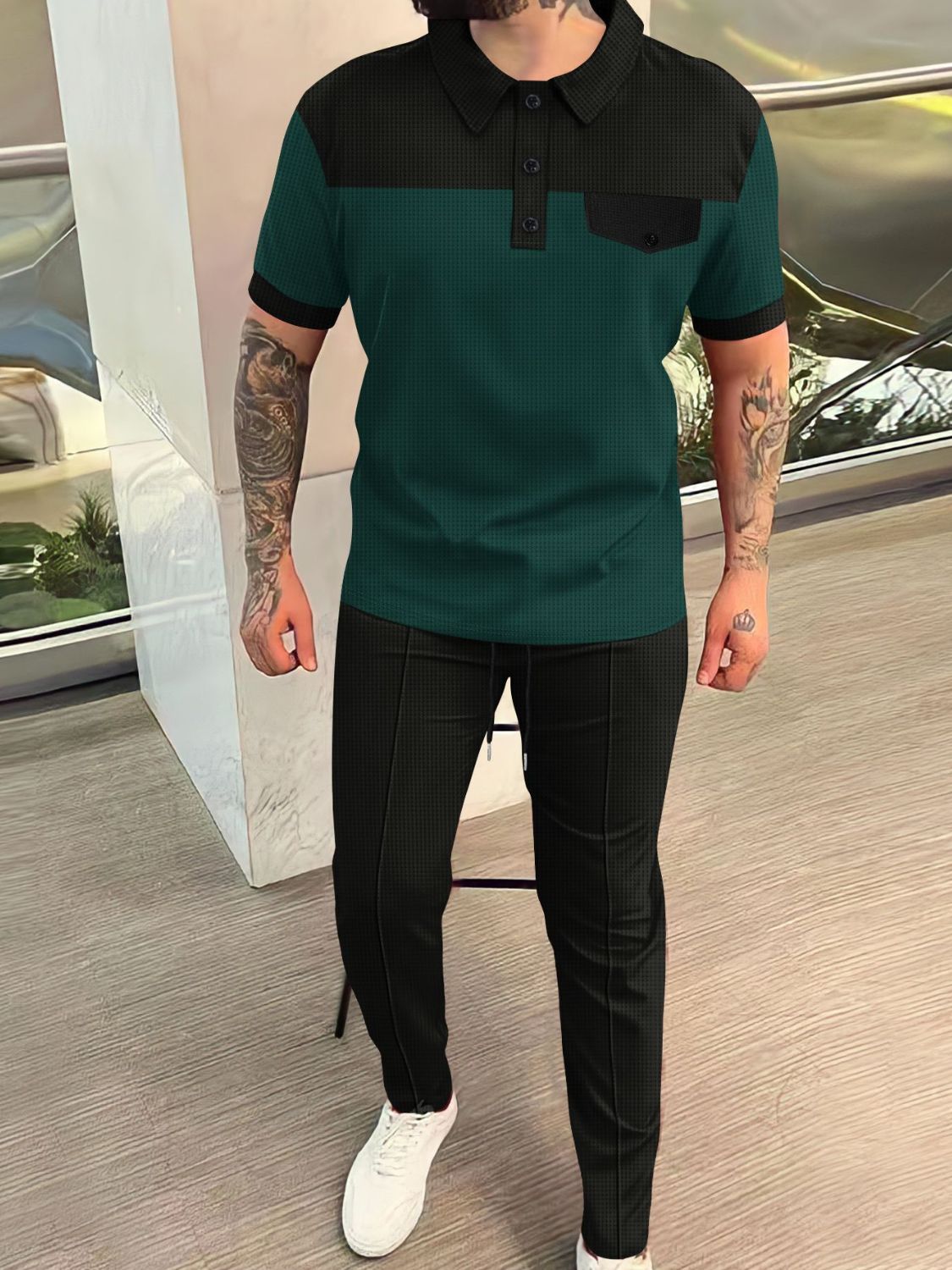 Men's Full Size Waffle-Knit Contrast Top and Pants Set Plus Size