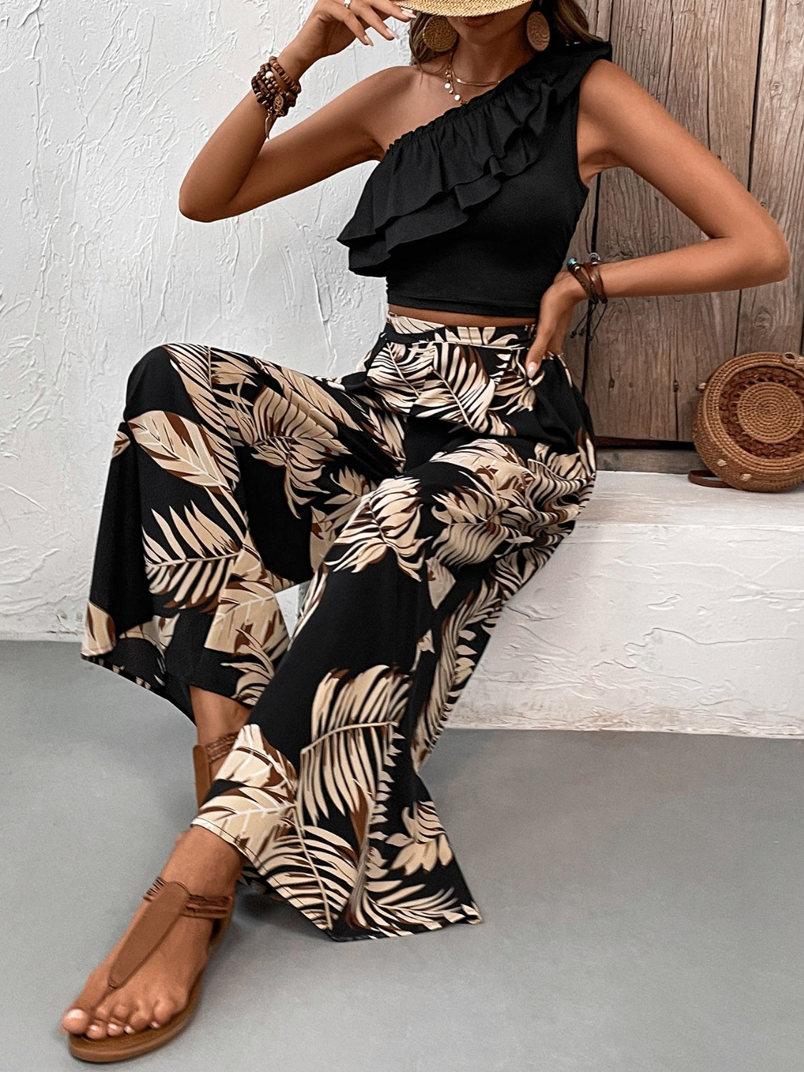 Elegant Ruffle and Print Pant Set for Chic Style