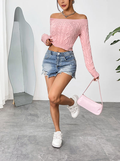Chic Off-Shoulder Cable-Knit Sweater Top for Women