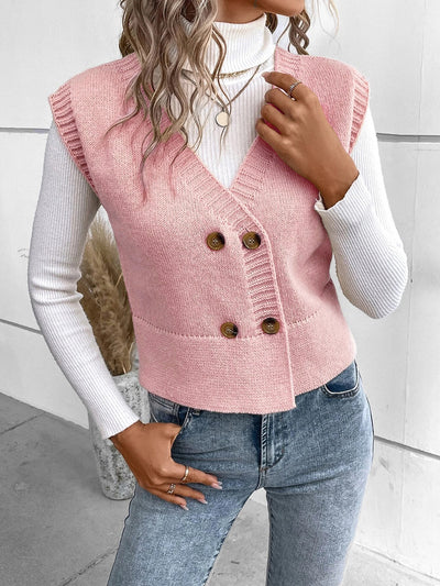 Full Size Button Up V-Neck Sweater Vest for Women