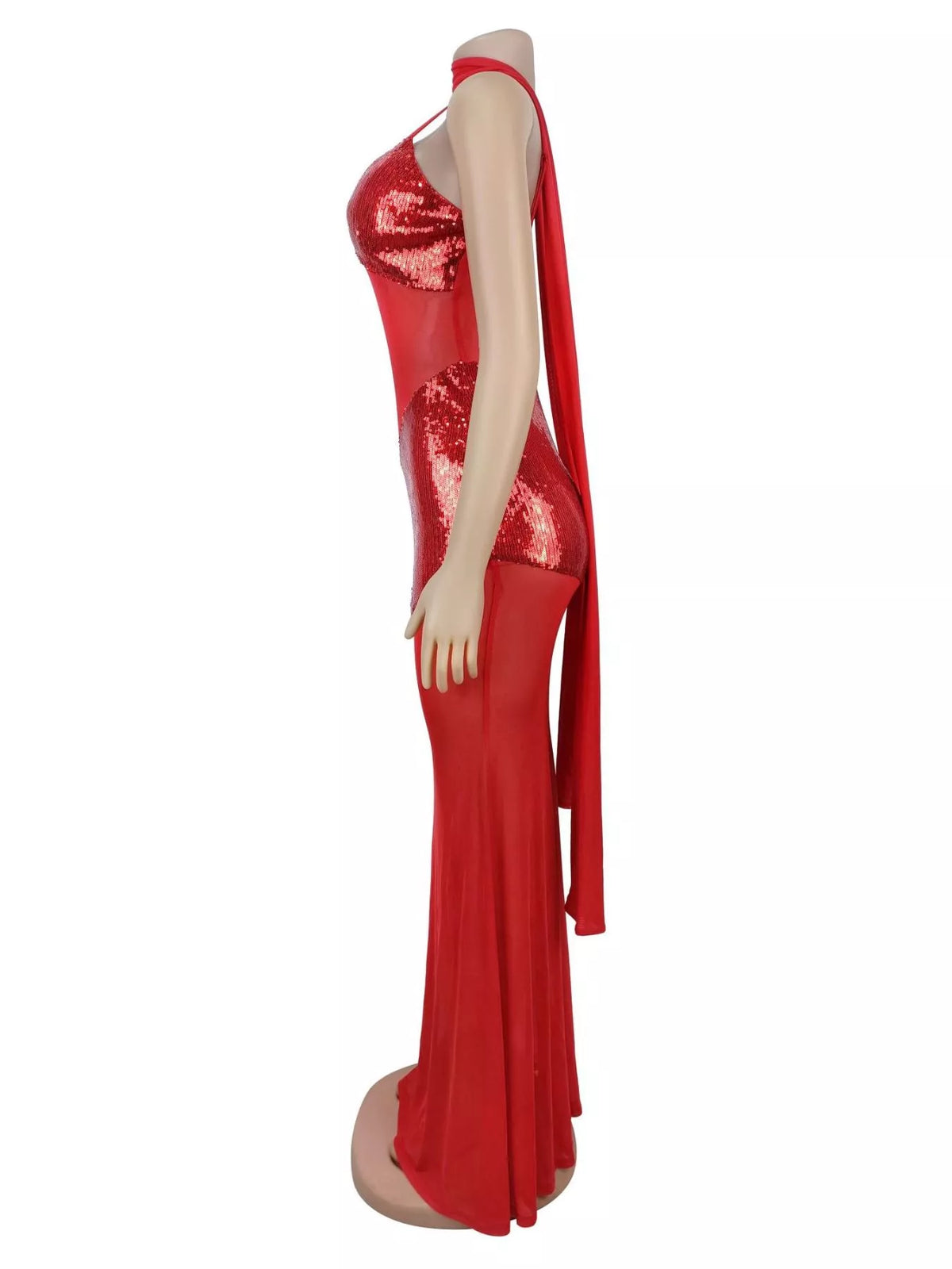 Sequin V-Neck Sheer Mesh Maxi Dress