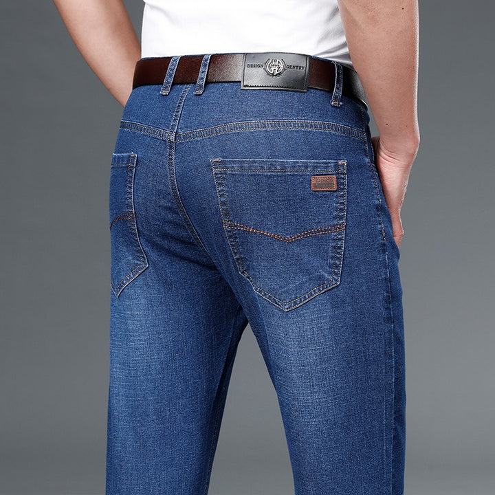 Men's Relaxed Fit Mid-Rise Straight-Leg Cotton Jeans with Stretchy Waistband