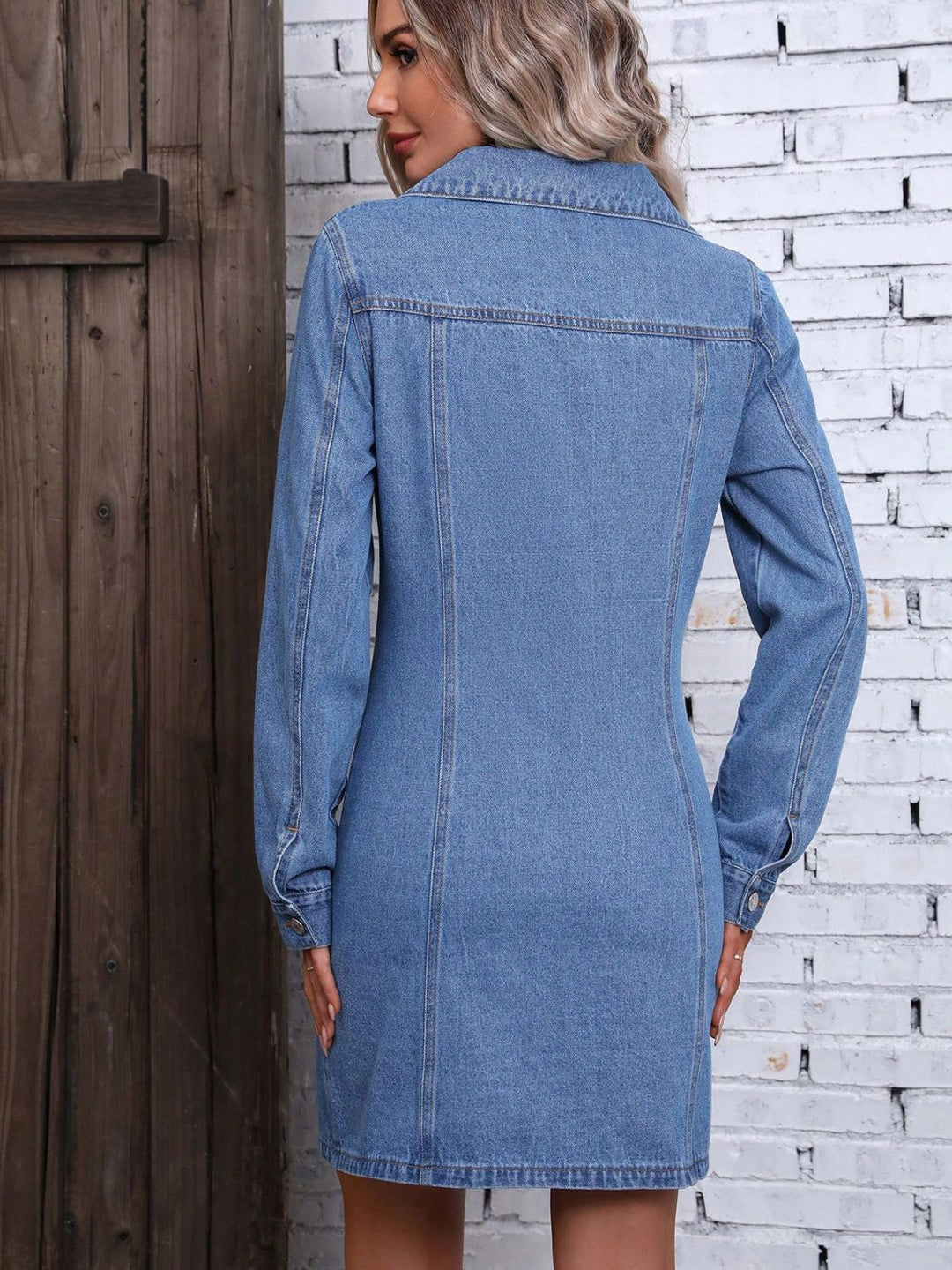 Chic Ruffled Denim Dress with Long Sleeves and Button Front