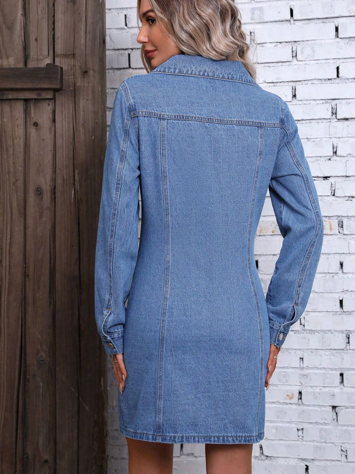 Chic Ruffled Denim Dress with Long Sleeves and Button Front