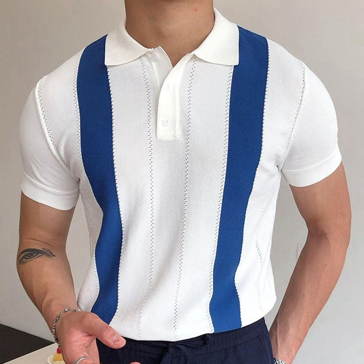 Chic Short Sleeve Ice Cool Silk Polo Sweater with Striped Accents - Ideal for Father's Day Celebrations