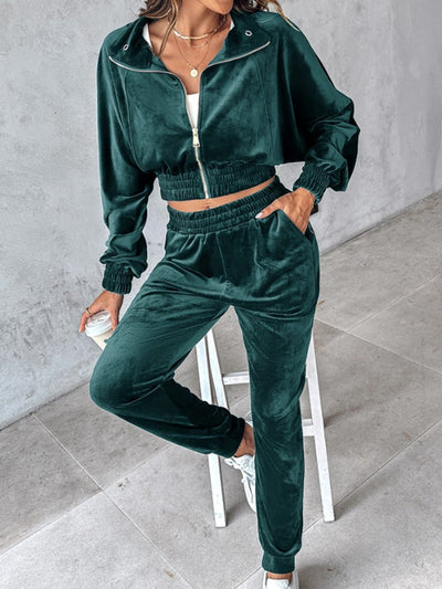 Cropped Zip-Up Long Sleeve Top and Jogger Set for Women