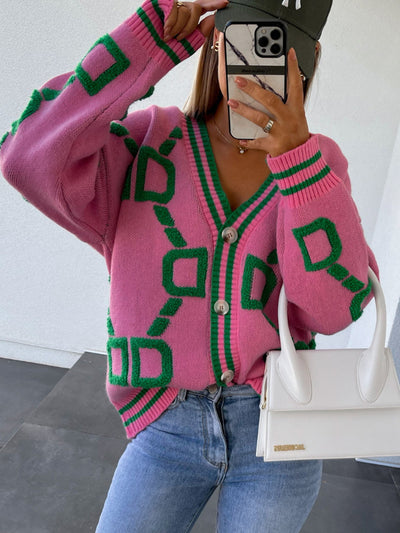 Geometric Dropped Shoulder Button Down Cardigan for Women