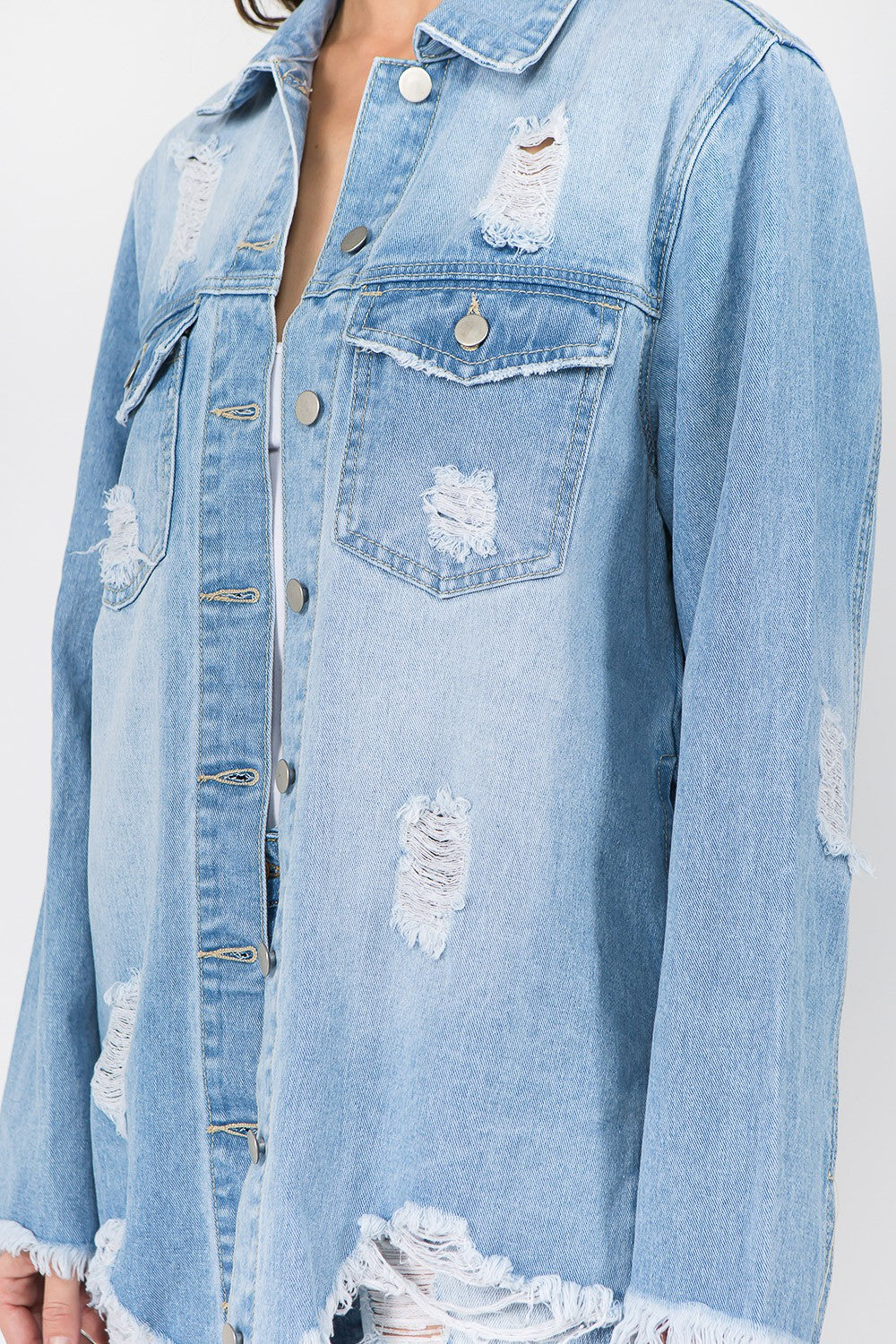 Vintage-Inspired Frayed Hem Denim Jacket by American Bazi