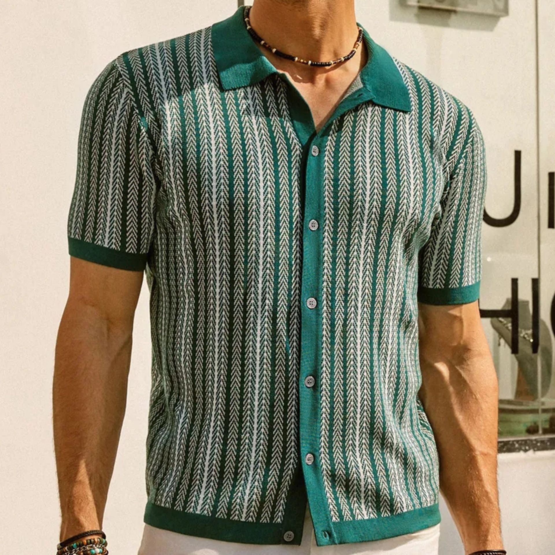 Elegant Ice Cool Silk Striped Jacquard Polo Shirt for Men