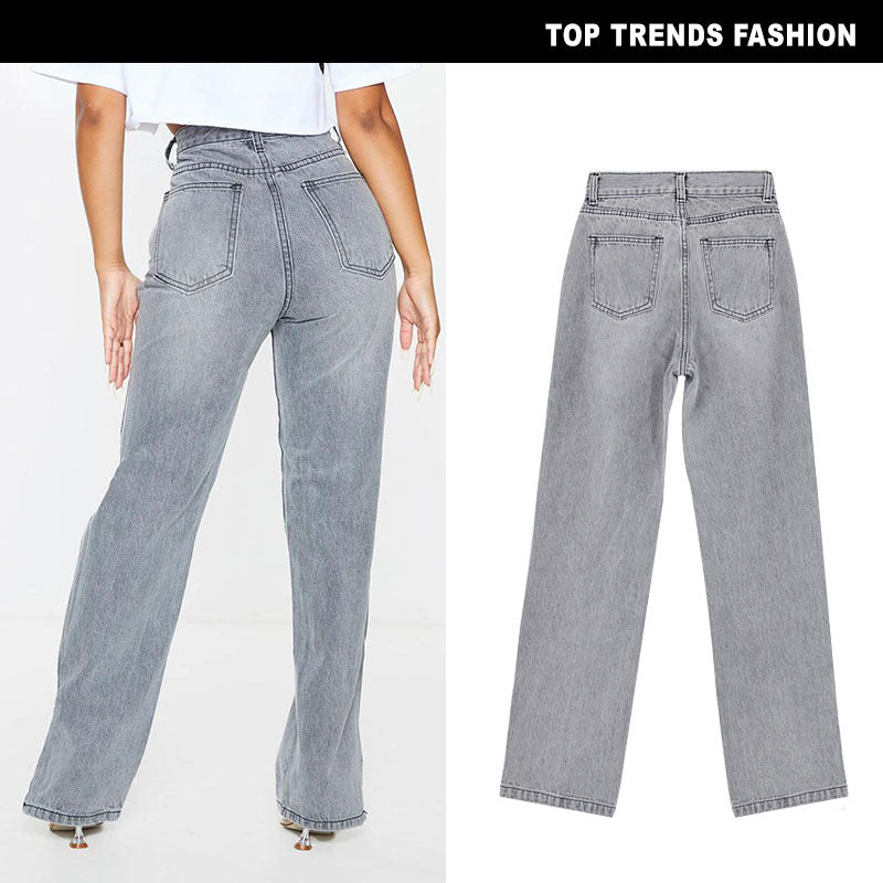 Chic Women's High Waist Sand Gray Flared Denim Trousers with Ripped Details and Foot Slit