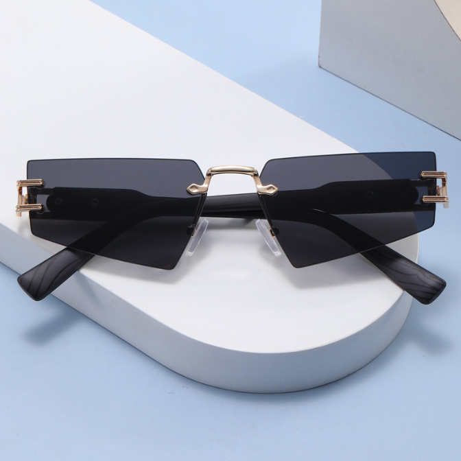 Frameless Gray Sunglasses with Wood Grain Legs