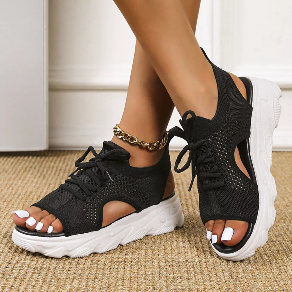 Breathable Mesh Lace-Up Platform Sandals