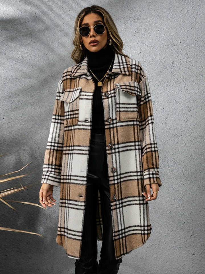 Chic Plaid Long Sleeve Coat with Collared Neck