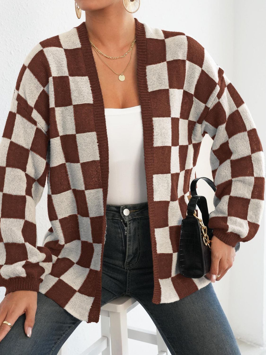 Plaid Open Front Long Sleeve Sweater Cardigan for Women