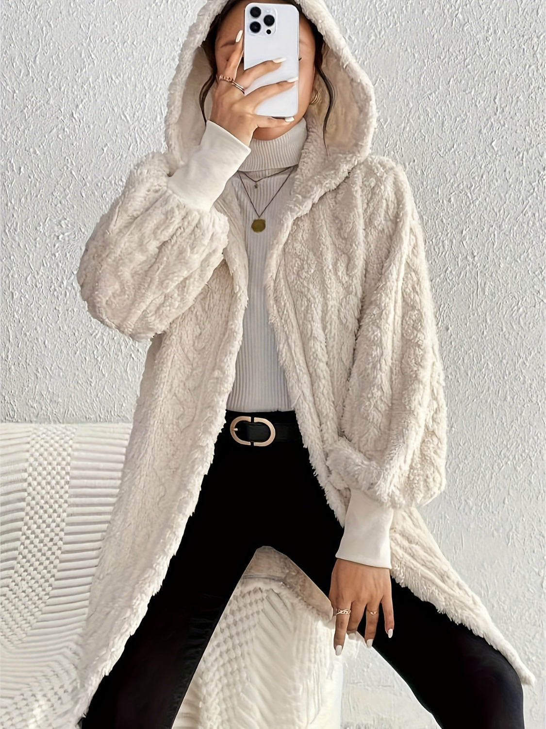 Open Front Long Sleeve Fuzzy Hooded Jacket for Women