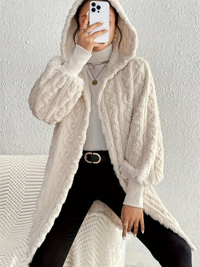 Open Front Long Sleeve Fuzzy Hooded Jacket for Women