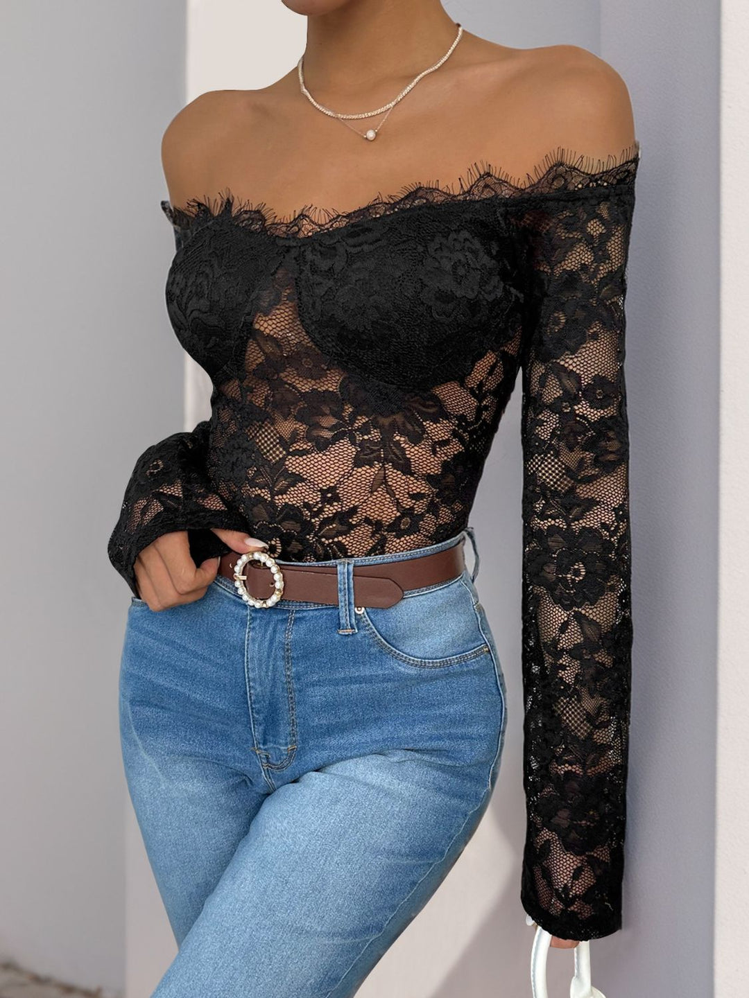 Chic Off-Shoulder Lace Long Sleeve Bodysuit by Perfee