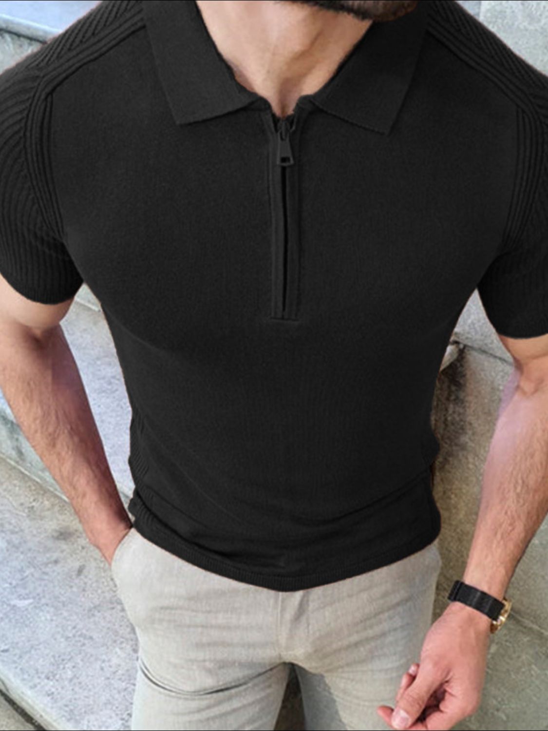 Men's Collared Neck Quarter Zip Knit Polo for Stylish Comfort