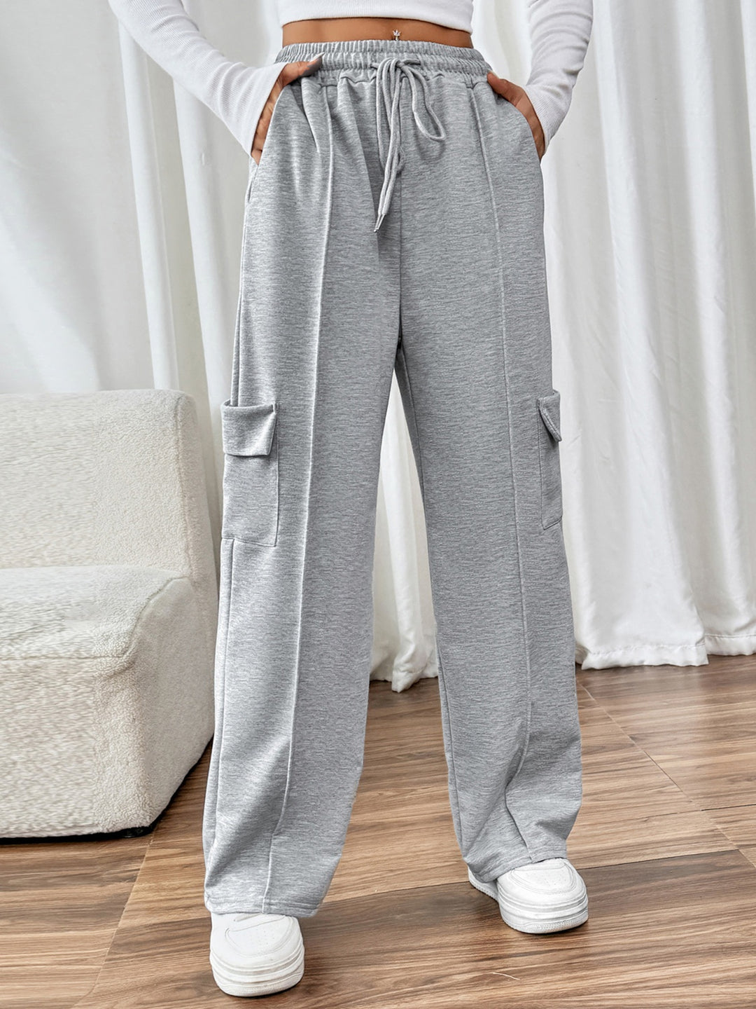 Perfee Stylish Opaque Wide Leg Pants with Adjustable Drawstring and Pockets