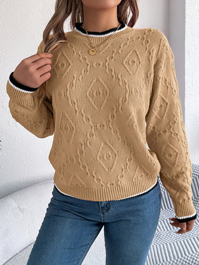 Contrast Trim Round Neck Long Sleeve Sweater for Women