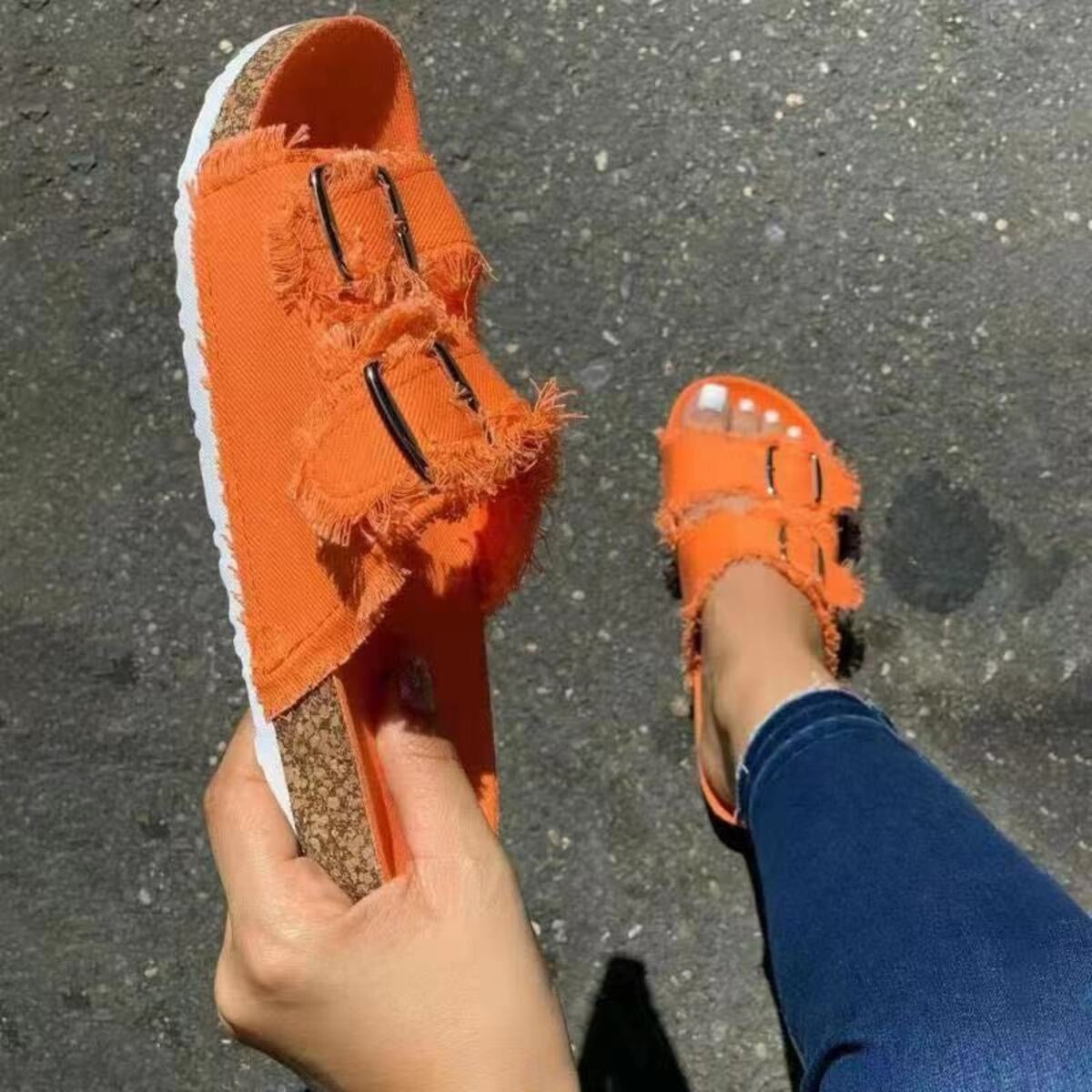 Frayed Edge Buckle Sandals