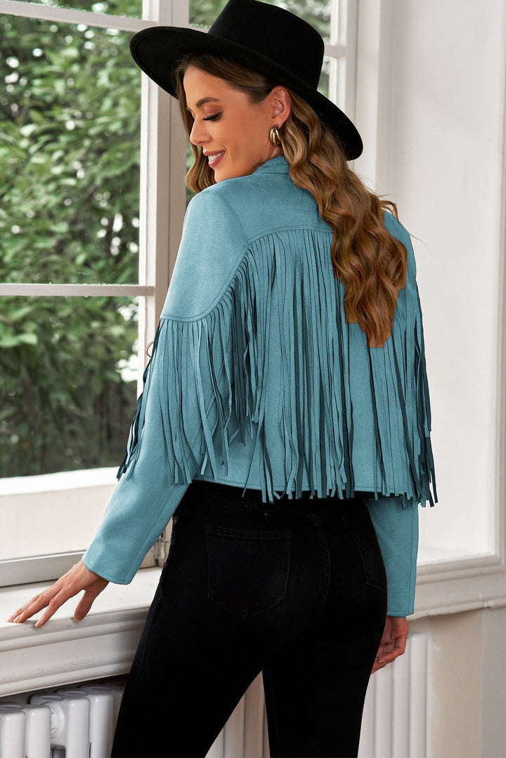 Fringe Detail Cropped Blazer with Lapel Collar