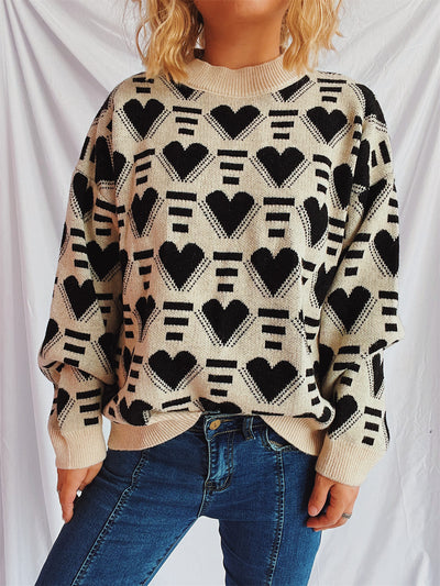 Charming Heart Contrast Oversized Sweater for Cozy Style
