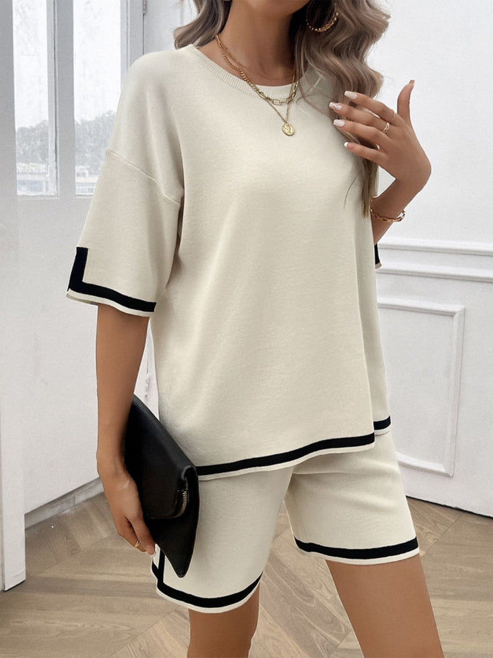 Stylish Contrast Trim Round Neck Top and Shorts Set