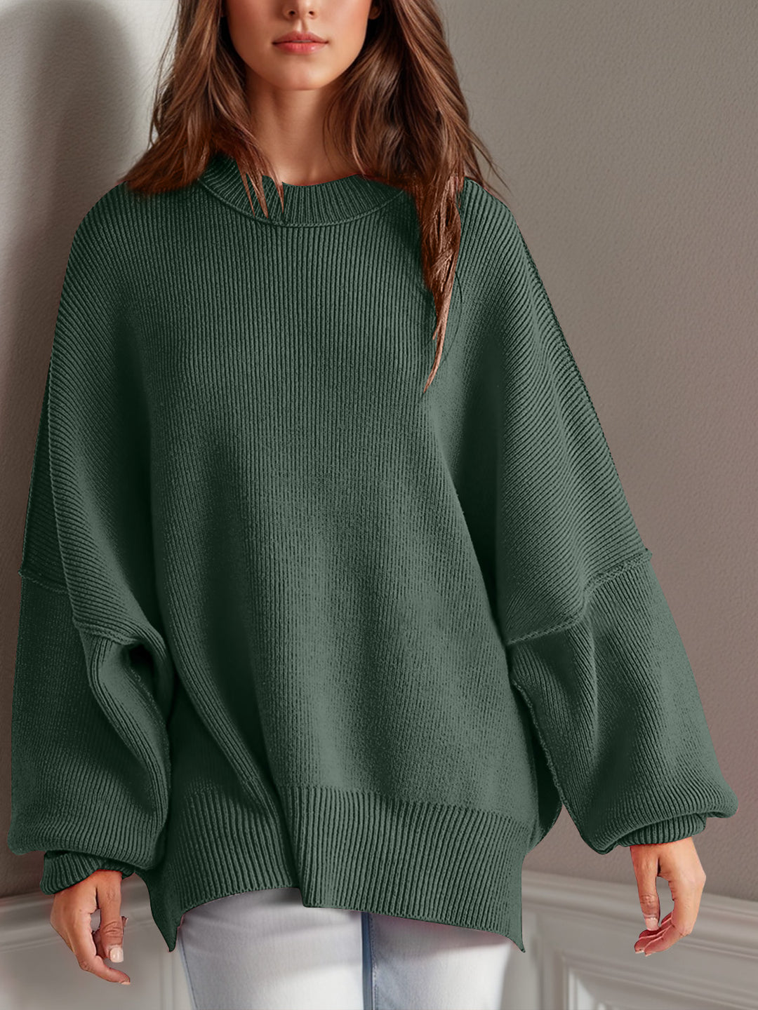 Chic Side Slit Long Sleeve Sweater with Round Neck