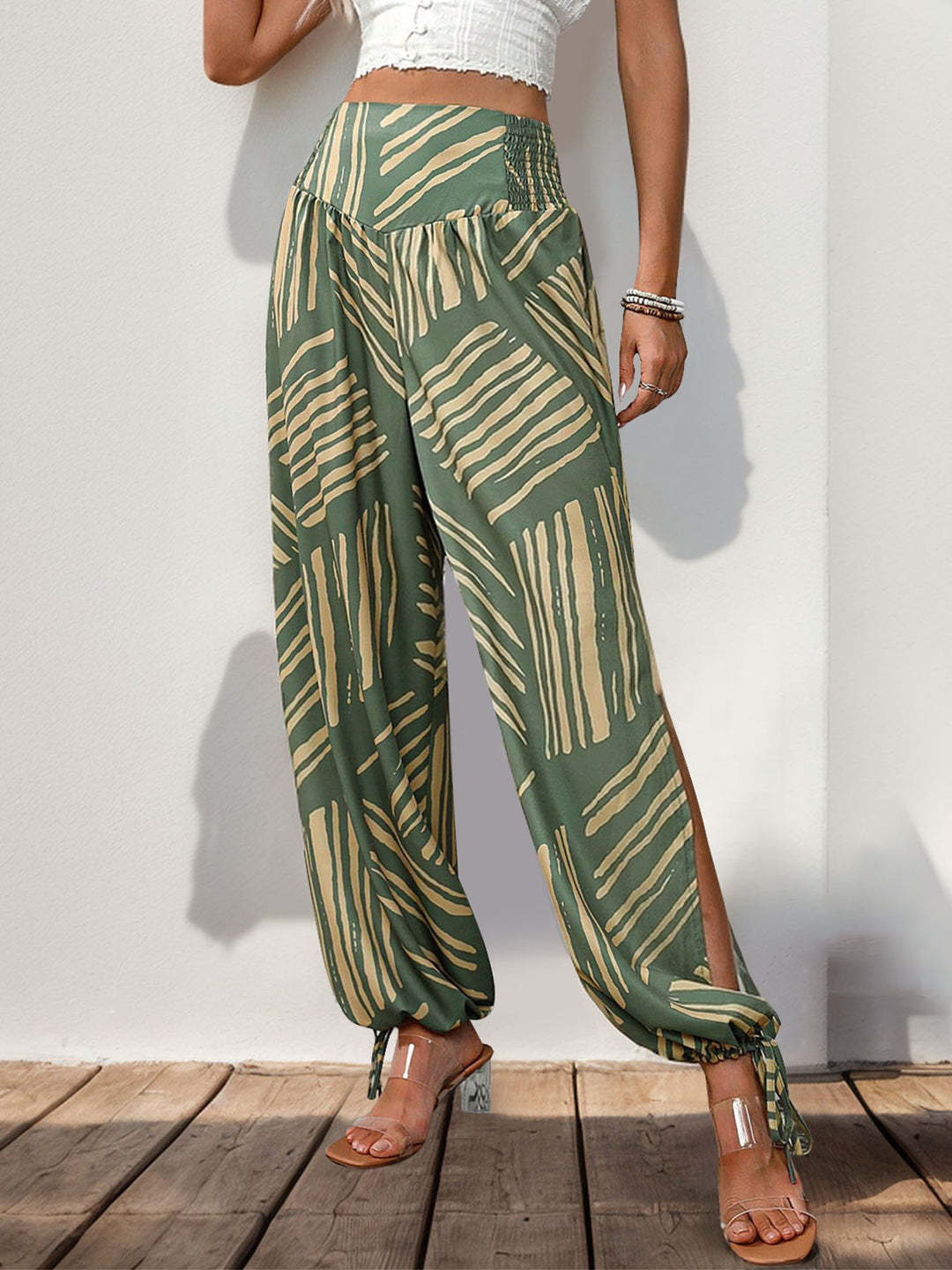 Chic High-Waisted Smocked Slit Print Pants