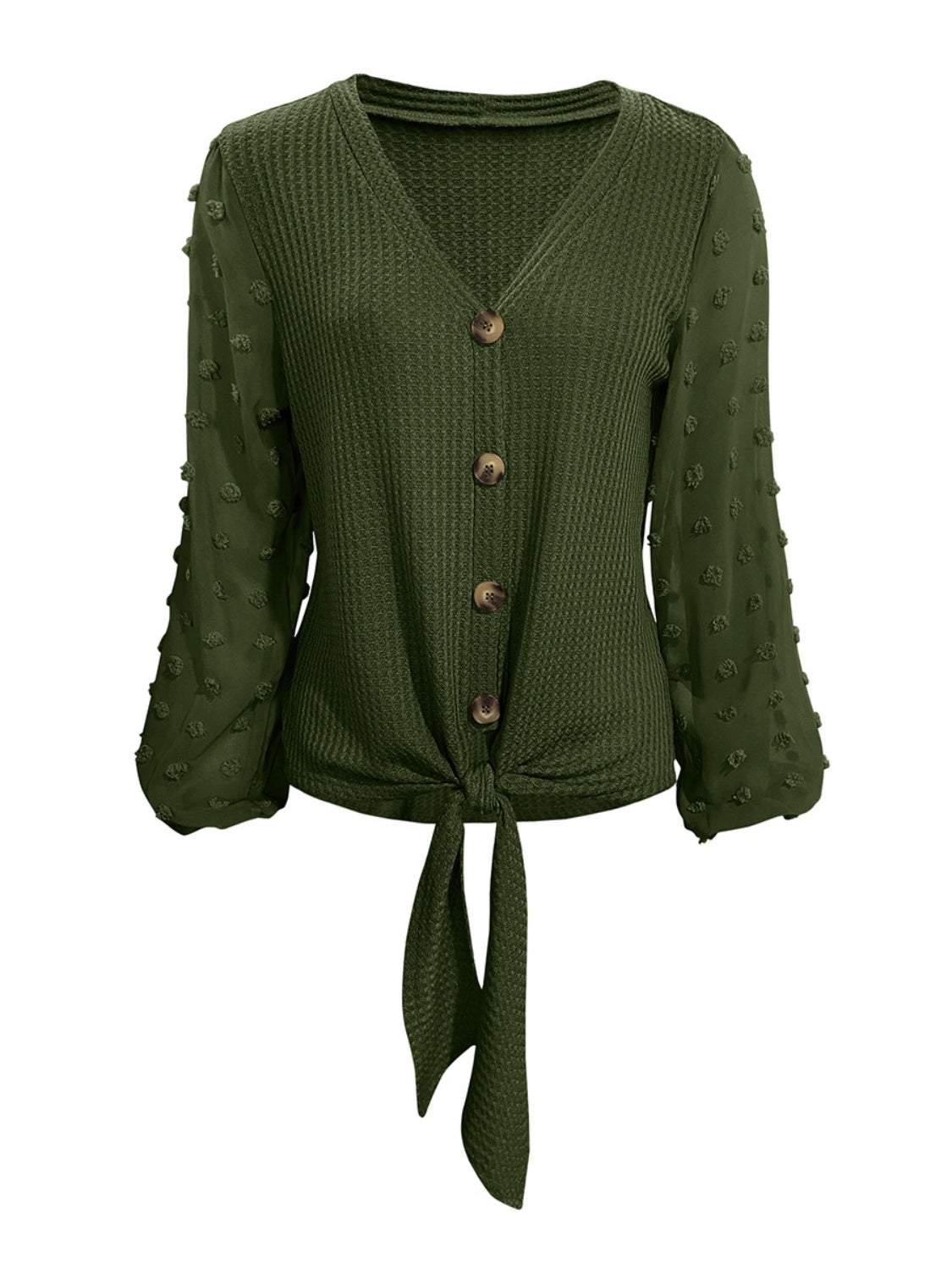 Chic Tied Swiss Dot V-Neck Blouse with Long Sleeves Style