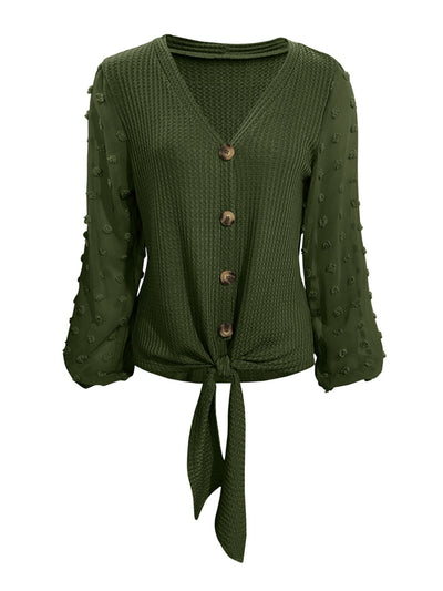 Chic Tied Swiss Dot V-Neck Blouse with Long Sleeves Style