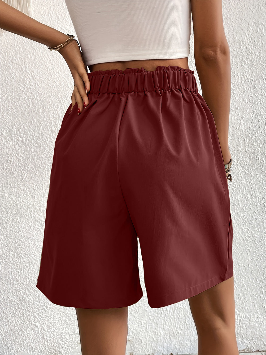 Elegant Ruched Elastic Waist Shorts with Pockets for Women