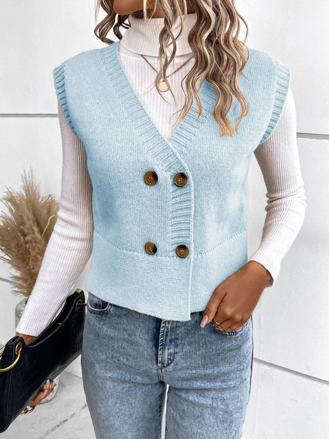 Full Size Button Up V-Neck Sweater Vest for Women