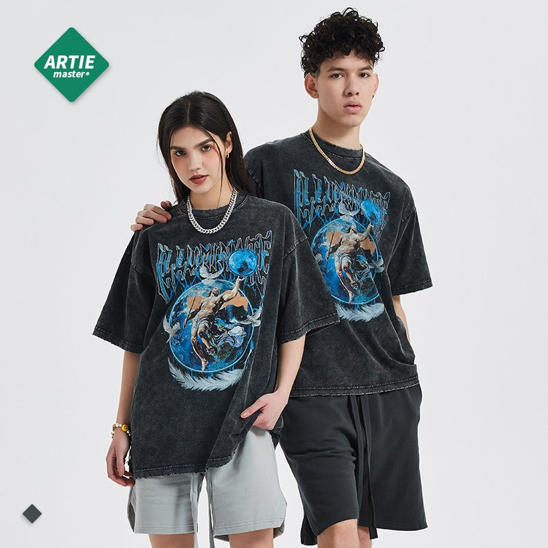 Casual Cartoon Print Oversized Tee with Distressed Sleeves