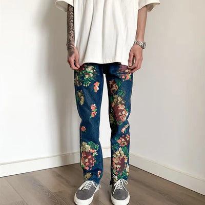 Fashion-Forward Men's Artisan Floral Fringed Jeans Indigo