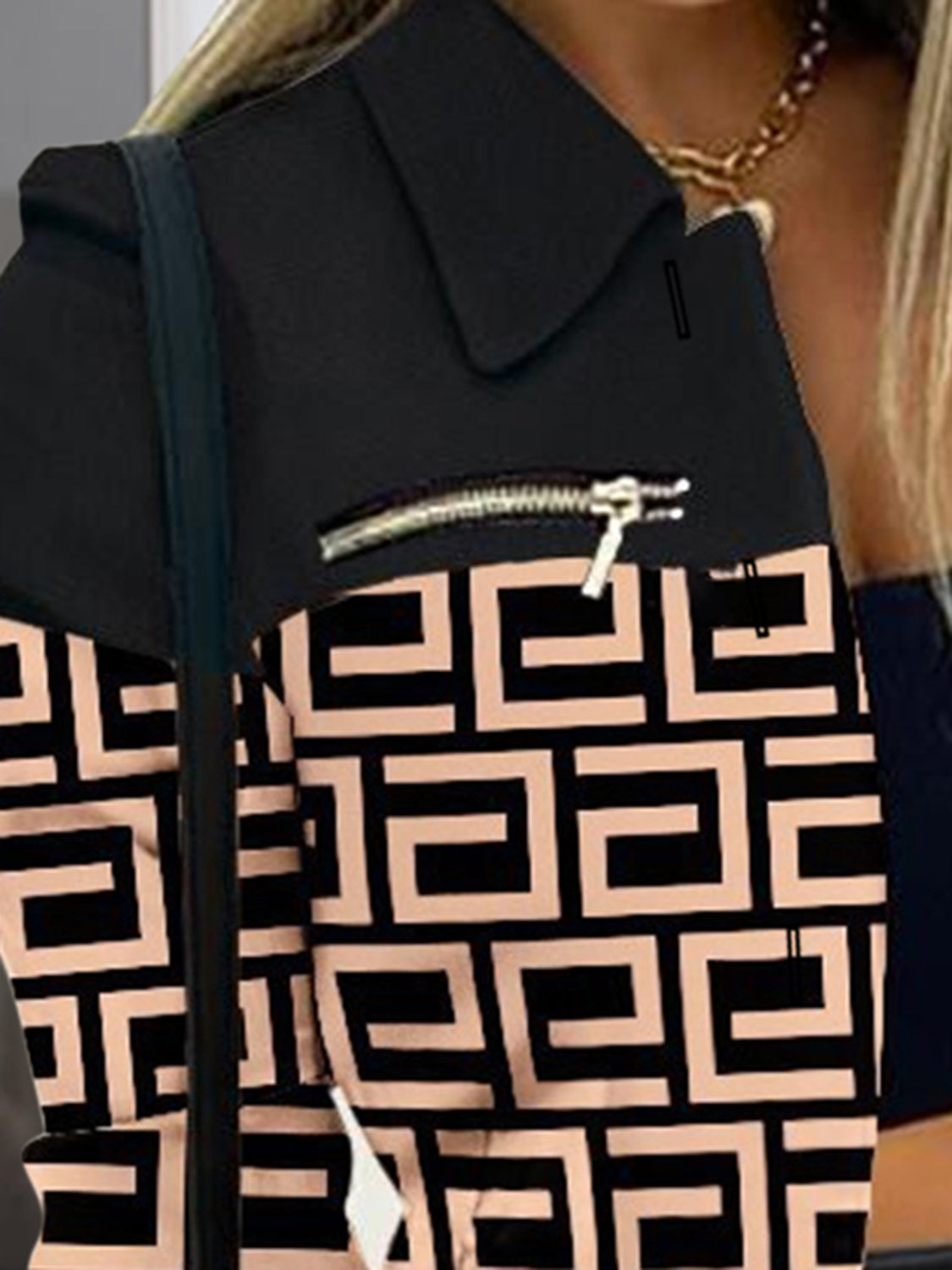 Chic Printed Button-Up Shacket with Zip Accents for Style