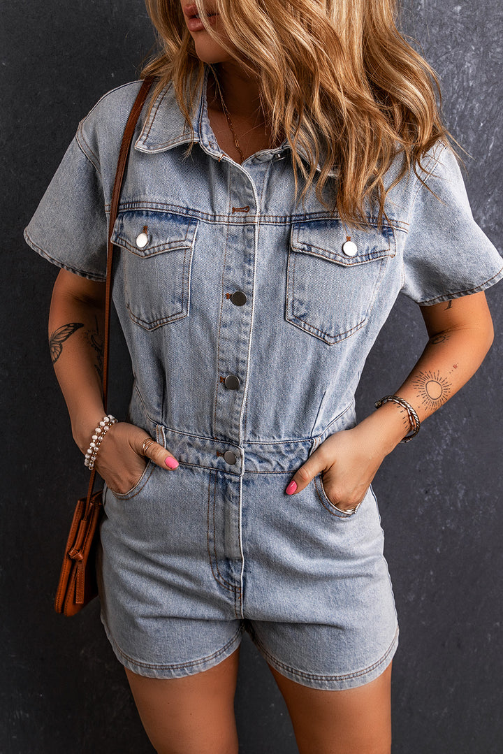 Collared Short Sleeve Denim Jumpsuit for Effortless Style