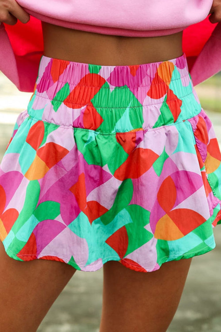 Chic Smocked High Waist Skort with Bold Contrast Print