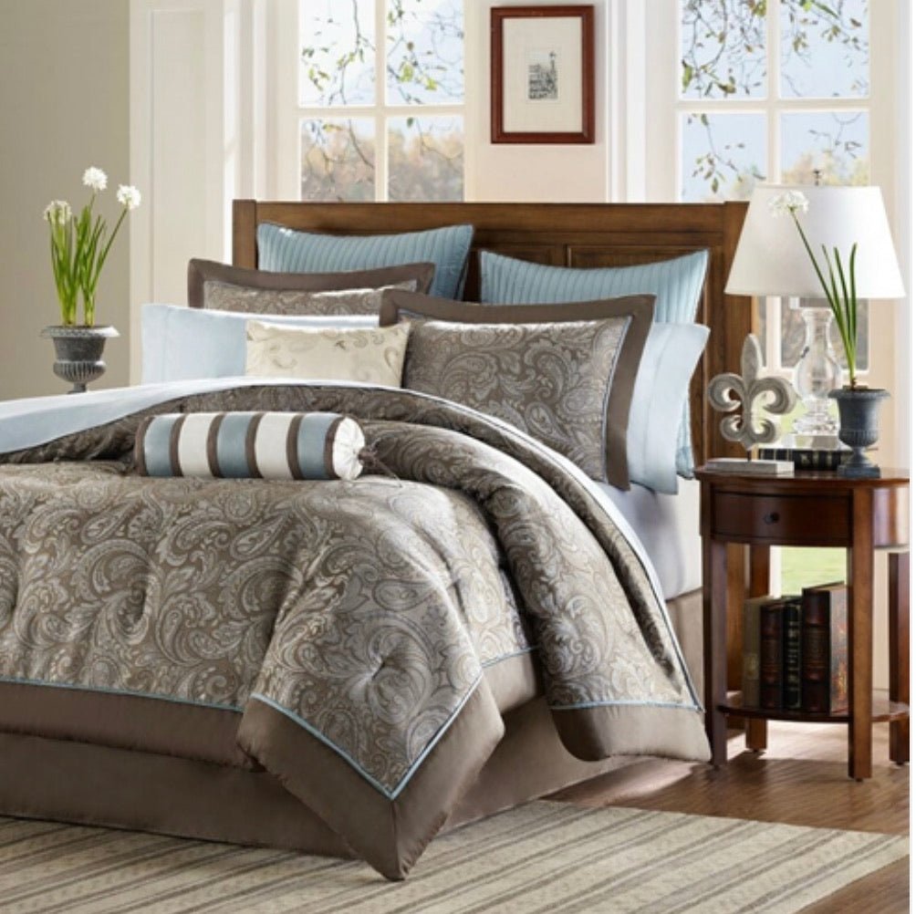 12-piece Reversible Cotton Comforter Set in Brown and Blue - Ruth Envision