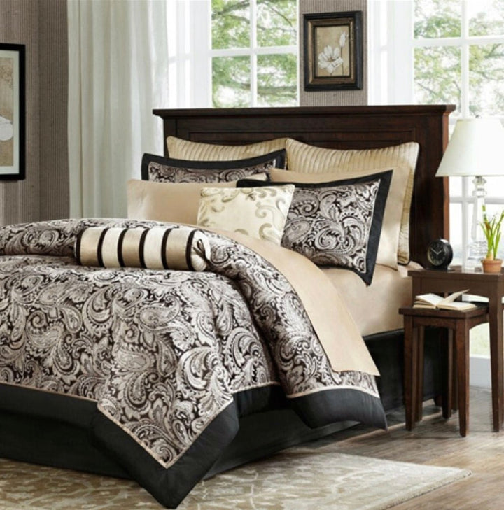 12-Piece Reversible Paisley Cotton Comforter Set in Black Gold - Ruth Envision